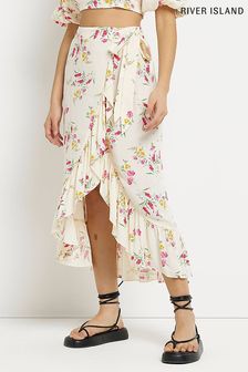 River Island Yellow Floral Print Tie Waist Midi Skirt (D84166) | €21.50