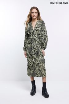 River Island Green Batwing Animal Crinkle Dress (D84475) | €31