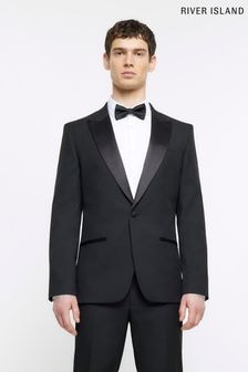 River Island Black Tuxedo Slim 100% Cotton Suit Jacket (D84485) | $163