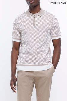 River Island Strick-Poloshirt in Slim Fit mit Geomuster, Natur (D84497) | 48 €