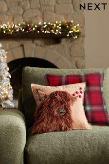Natural Christmas Hamish The Highland Cow Jingle Bells Cushion (D84771) | $35