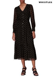 فستان متوسط الطول أسود مزركش منقط من Whistles (D85166) | 973 د.إ