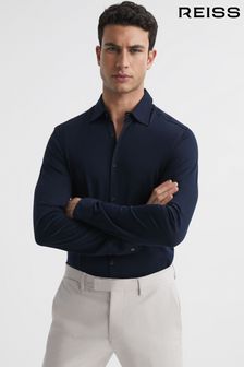 Reiss Navy King Mercerised Cotton Button-Through Shirt (D85479) | kr1,422