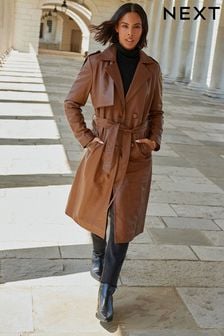 Tan Brown Leather Trench Coat (D85982) | €132