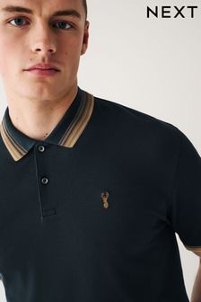 Navy Blue/Tan Brown Short Sleeve Tipped Regular Fit Polo Shirt (D86097) | $31