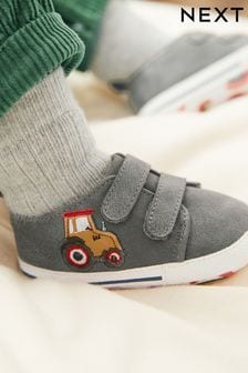 Charcoal Grey Tractor Two Strap Baby Pram Shoes (0-24mths) (D86377) | €9 - €10.50