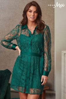 Pour Moi Green Clara Long Sleeve Lace Shirt Dress (D86477) | kr636