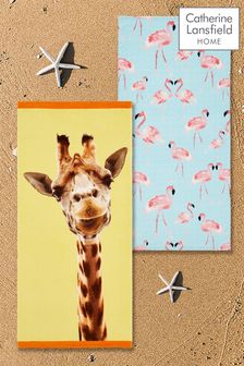 Catherine Lansfield 2 Pack Natural Flamingo Giraffe Beach Towels (D86654) | ￥3,520