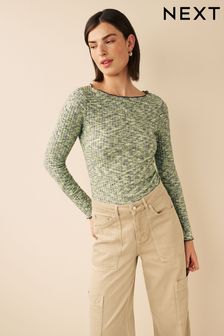 Green Spacedye Cosy Soft Touch Ribbed Lettuce Edge Hem Long Sleeve Top (D86892) | €15