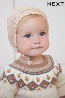 Pale Mink Brown Knitted Bonnet Baby Hat (0mths-2yrs) (D87073) | €2