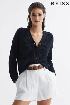 Reiss Navy Adeena Cotton-Linen Blend Knit Cardigan (D87118) | €225