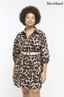 Коричневое платье-рубашка мини со звериным принтом River Island Plus (D87883) | €28