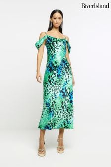 River Island Green Cowl Animal Print Dress (D87892) | $95