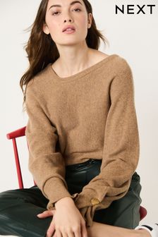 Kamelje rjav - Premium 100-% pulover iz ovčje volne z asimetričnim ovratnikom (D88048) | €31