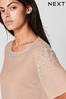 Nude Cream Mesh Short Sleeve Scatter Sparkle Top (D88049) | 72 zł