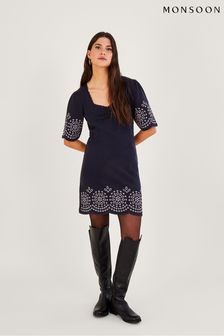 Monsoon Blue Broderie Angel Sleeve Short Dress in Sustainable Cotton (D88177) | €57