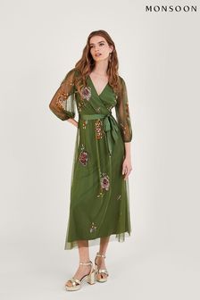 Monsoon Green Reese Embellished Wrap Dress in Recycled Polyester (D88180) | €95