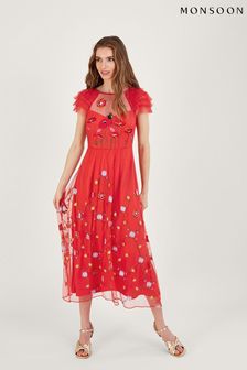 Monsoon Red Octavia Embroidered Midi Dress (D88181) | €109