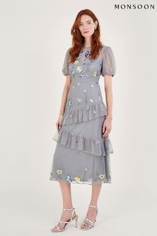 Серое ярусное платье миди с вышивкой Monsoon Gwendolyn (D88182) | €110