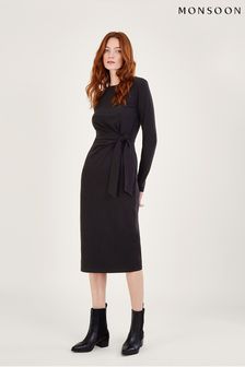 Monsoon Long Sleeve Side Knot Black Midi Jersey Dress (D88188) | 109 €