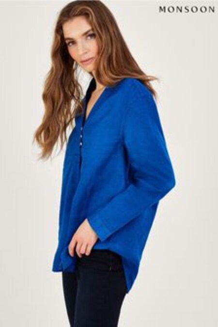 Monsoon Blue India Linen Overhead Neru Collar Blouse (D88194) | 80 €