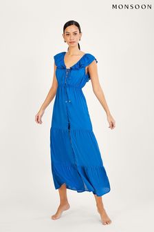 Monsoon Blue Frill Collar Plain Midi Dress in Lenzing EcoVero™ (D88225) | €41