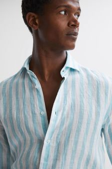 Reiss Aquamarine Stripe Ruban Linen Button-Through Shirt (D88790) | €70