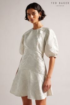 Ted Baker Alannah Natural Puff Sleeve Jacquard Mini Dress (D89306) | €115