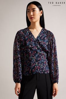 Ted Baker Blue Tariaa Dk-Navy Smocked Wrap Top With Blouson Sleeves (D89309) | €78