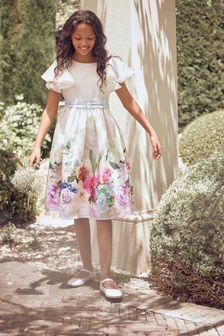 Angel & Rocket Sylvie White Border Print Ruffle Shoulder Bow Dress