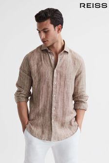 Reiss Oatmeal Wide Stripe Ruban Linen Long Sleeve Shirt (D89600) | €167