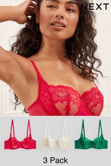 Red/Green/Cream Non Pad Balcony Lace Bras 3 Pack (D89658) | AED144
