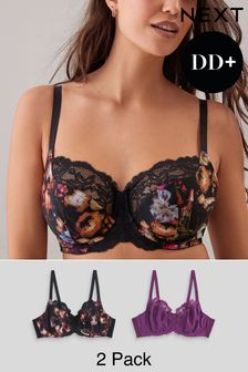 Black Floral Print/Purple DD+ Non Pad Wired Full Cup Microfibre and Lace Bras 2 Packs (D89680) | KRW47,800