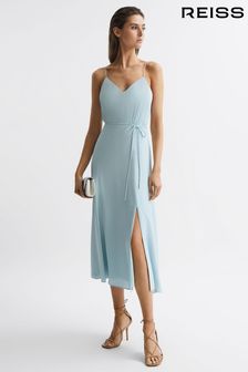 Reiss Blue Penny Fitted V-Neck Midi Dress (D89708) | SGD 408