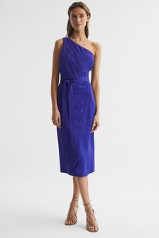 Reiss Purple Flora Off-The-Shoulder Satin Midi Dress (D89710) | SGD 684
