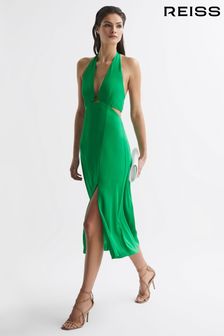 Reiss Green Maia Petite Fitted Halter Neck Midi Dress (D89719) | 303 €