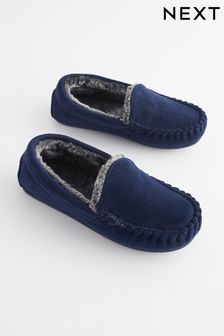 Navy Blue Faux Fur Lined Moccasin Slippers (D89947) | $25 - $30