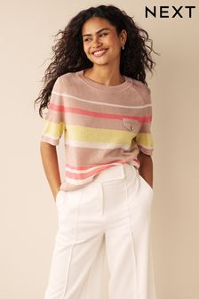 Neutral Stone With Yellow/Pink Stripe Utility Pocket Detail Knitted Linen T-Shirt (D90102) | €21