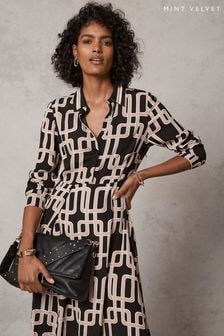 Mint Velvet Black Print Livia Asymmetric Shirt Dress (D91273) | €79