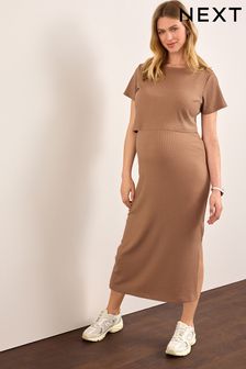 Бежевий - Сукня з коротким рукавом для годуючих під час вагітності (D91685) | 1 071 ₴