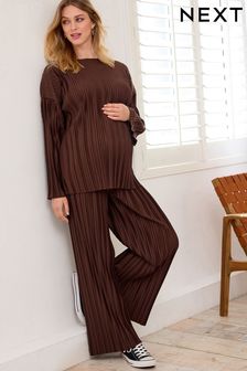 Chocolate Brown Maternity Wide Leg Plisse Trousers (D91701) | €28