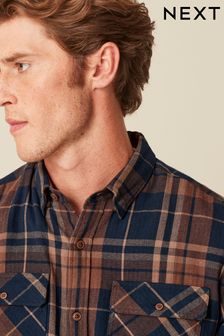 Tan Brown/Navy Blue Twin Pocket Check Long Sleeve Shirt (D91827) | €36