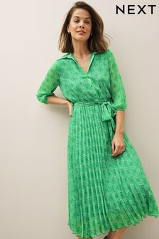 Green Printed Chiffon Pleated Shirt Dress (D91925) | €27