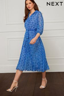 Blue Printed Chiffon Pleated Shirt Dress (D91926) | €31