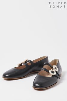 Oliver Bonas Mary Jane Black Pearl Buckle Leather Shoes (D94043) | 93 €