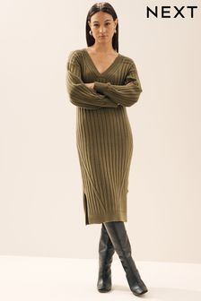 Khaki Green Ribbed V-Neck Knit Jumper Dress (D94311) | $55