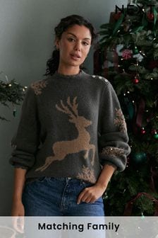 Szary - Świąteczny sweter z reniferem (D94982) | 215 zł