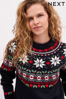 Czarny z motywem serca i wzorem szetlandzkim - Sweter z motywem bożonarodzeniowym (D94992) | 165 zł