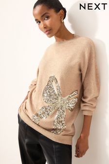 Camel Brown Sequin Bow Christmas Jumper (D94996) | €13