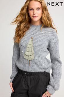 Grau mit Weihnachtsbaum aus Quasten - Weihnachtspullover (D94997) | 64 €